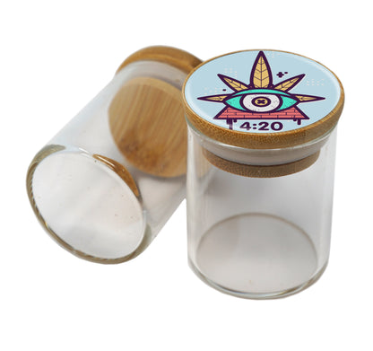 Bamboo Lid Glass Jar Container With Design #BS-004