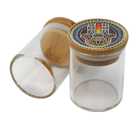 Bamboo Lid Glass Jar Container With Design #BS-039