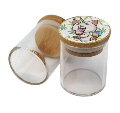 Bamboo Lid Glass Jar Container With Design #BS-045